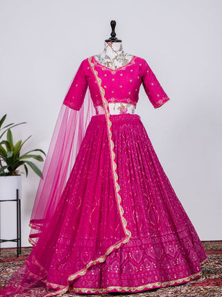 Rani Pink Color Sequins and Thread Embroidery Work Georgette Lehenga Choli Clothsvilla