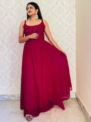 Rani Pink Color Sequins And Thread Embroidery Work Georgette Gown Clothsvilla