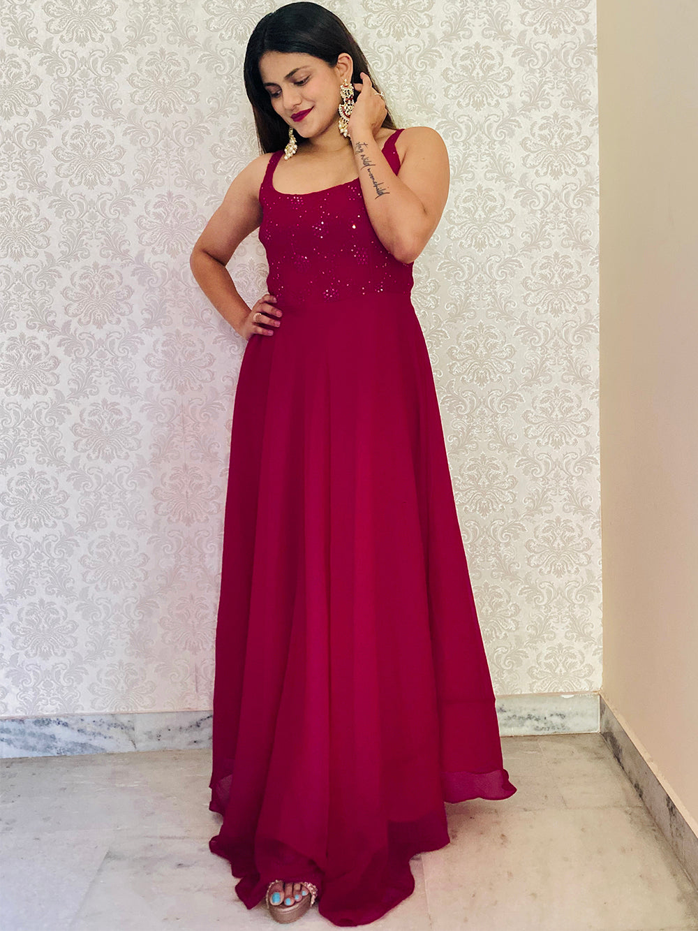 Rani Pink Color Sequins And Thread Embroidery Work Georgette Gown Clothsvilla