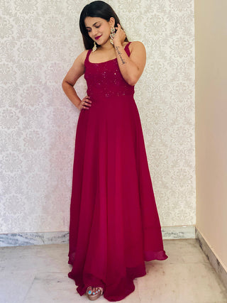 Rani Pink Color Sequins And Thread Embroidery Work Georgette Gown Clothsvilla