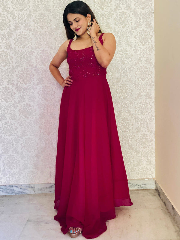 Rani Pink Color Sequins And Thread Embroidery Work Georgette Gown Clothsvilla