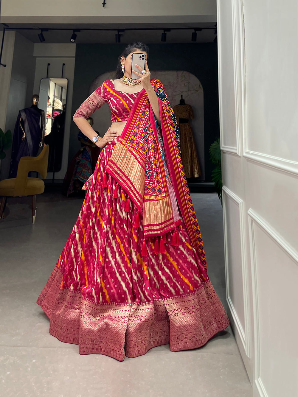 Rani Pink Color Printed With Zari Weaving Work Viscose Dola Silk Lehenga Choli Clothsvilla Main image