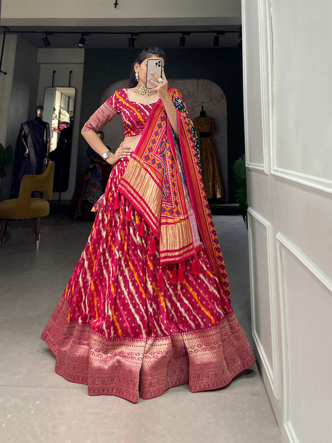 Rani Pink Color Printed With Zari Weaving Work Viscose Dola Silk Lehenga Choli Clothsvilla Main image