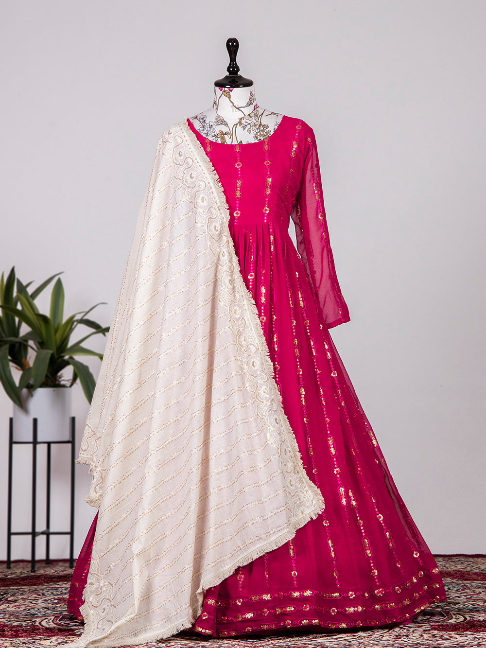 Rani Pink Color Sequins And Thread Embroidery Work Georgette Gown Clothsvilla Main image