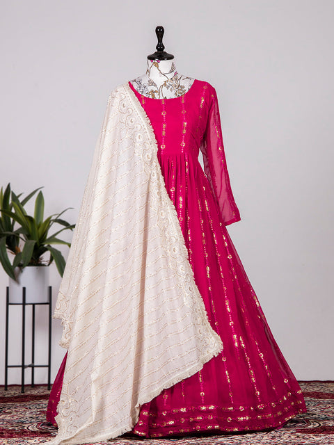 Rani Pink Color Sequins And Thread Embroidery Work Georgette Gown Clothsvilla Main image