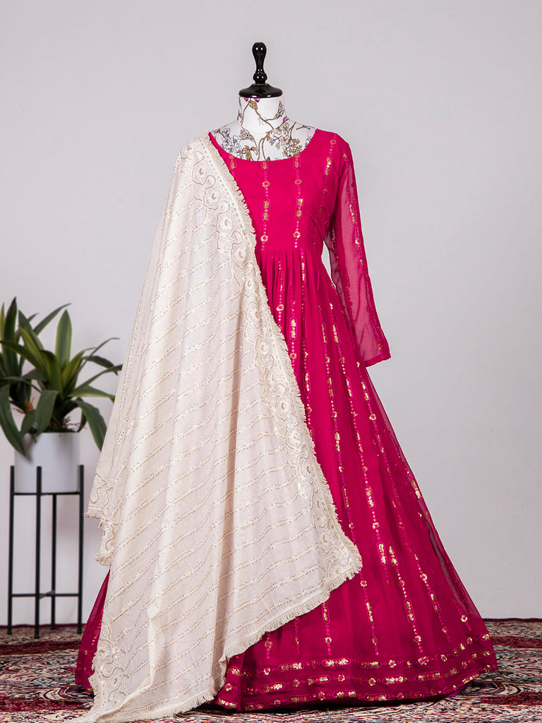 Rani Pink Color Sequins And Thread Embroidery Work Georgette Gown Clothsvilla
