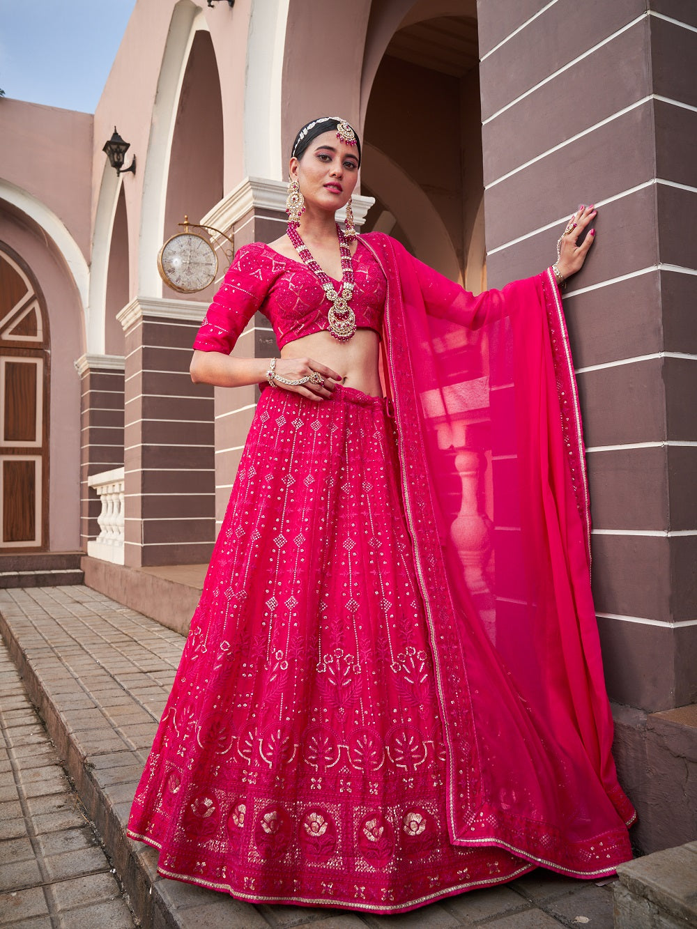 Rani Pink Color Lucknowi With Sequins Work Georgette Lehenga Choli Clothsvilla Main image