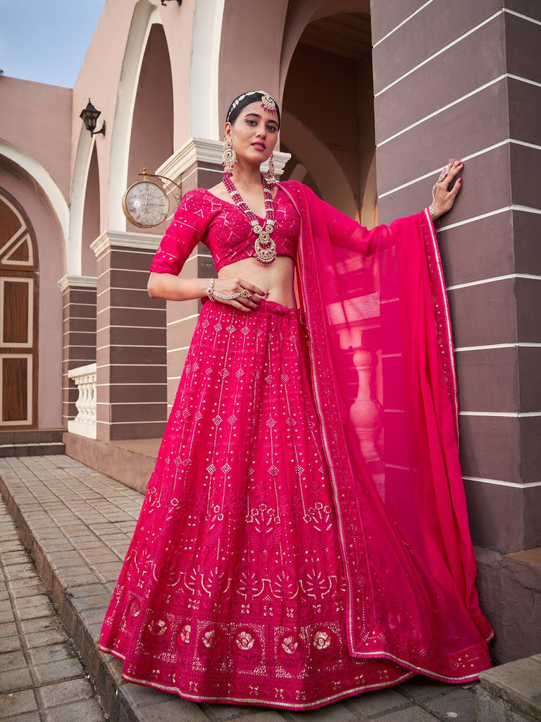 Rani Pink Color Lucknowi With Sequins Work Georgette Lehenga Choli Clothsvilla