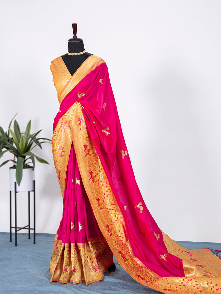 Rani Pink Color Weaving Zari Work Jacquard Silk Saree Clothsvilla