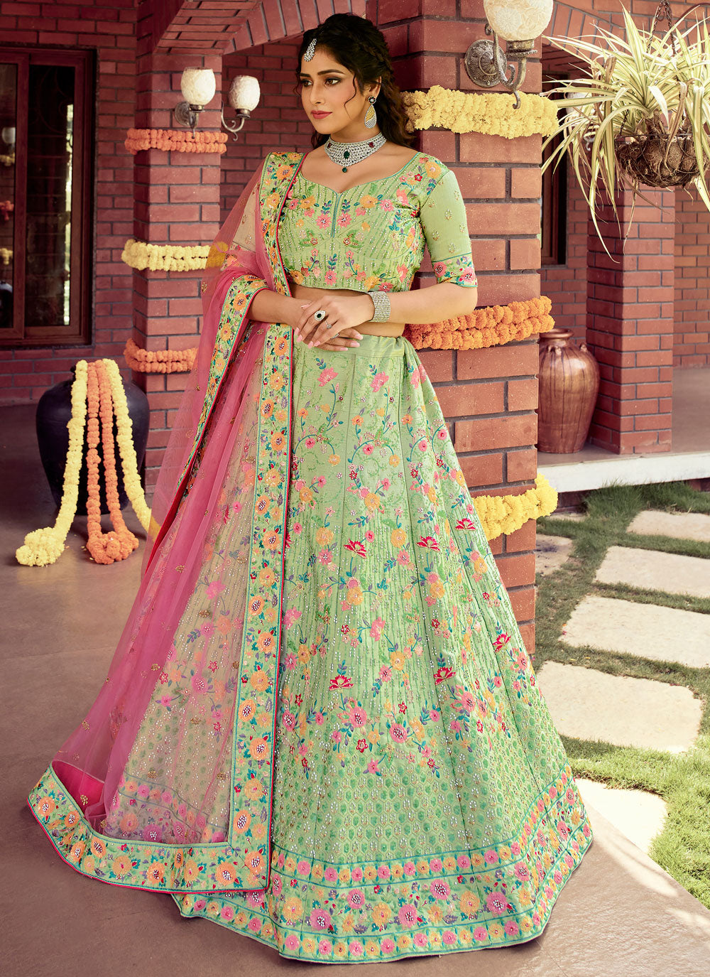 Green Crop Top Lehenga Choli With Heavy Sequins And Plain Work