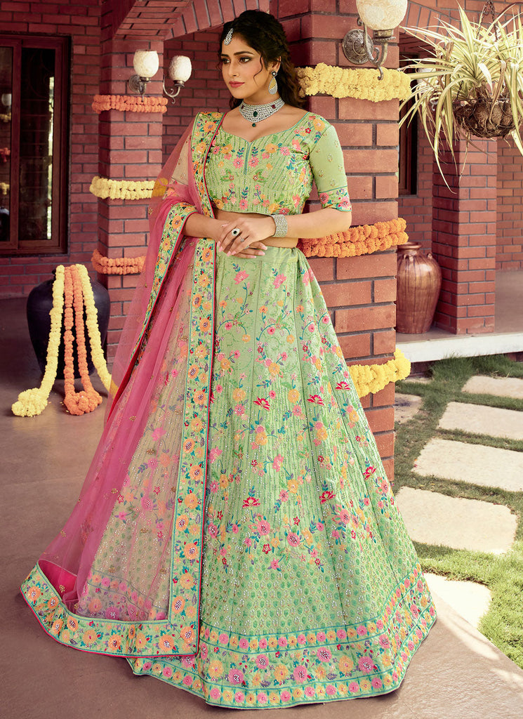 Green Crop Top Lehenga Choli With Heavy Sequins And Plain Work