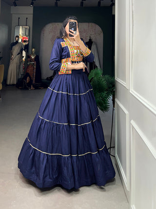 Navy Blue Color Plain With Gota Patti Rayon Gujrati Stylish Chaniya Choli ClothsVilla