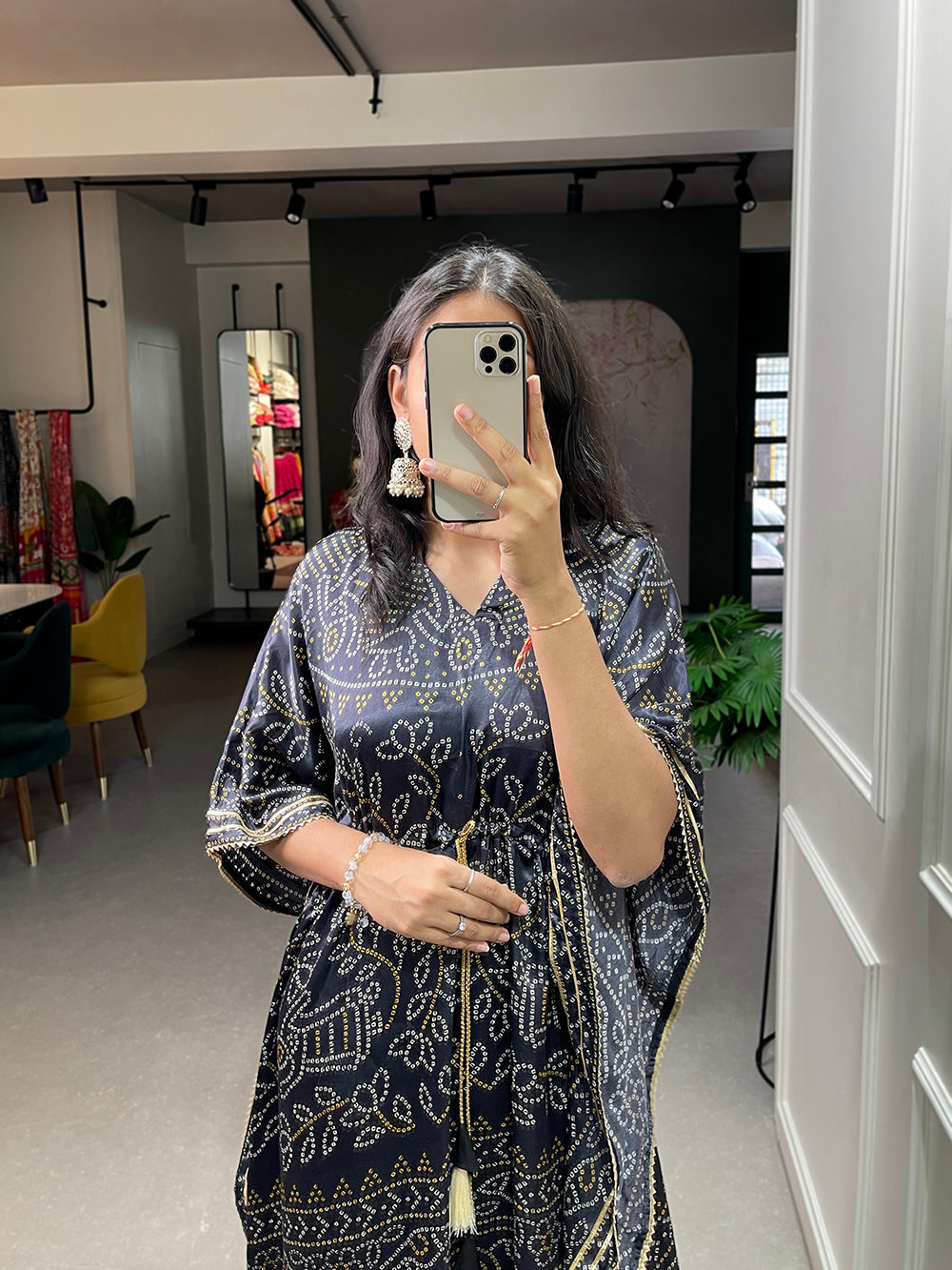 Black Color Bandhej Print With Gotta Patti Lace Border Gaji Silk Kaftan ClothsVilla.com