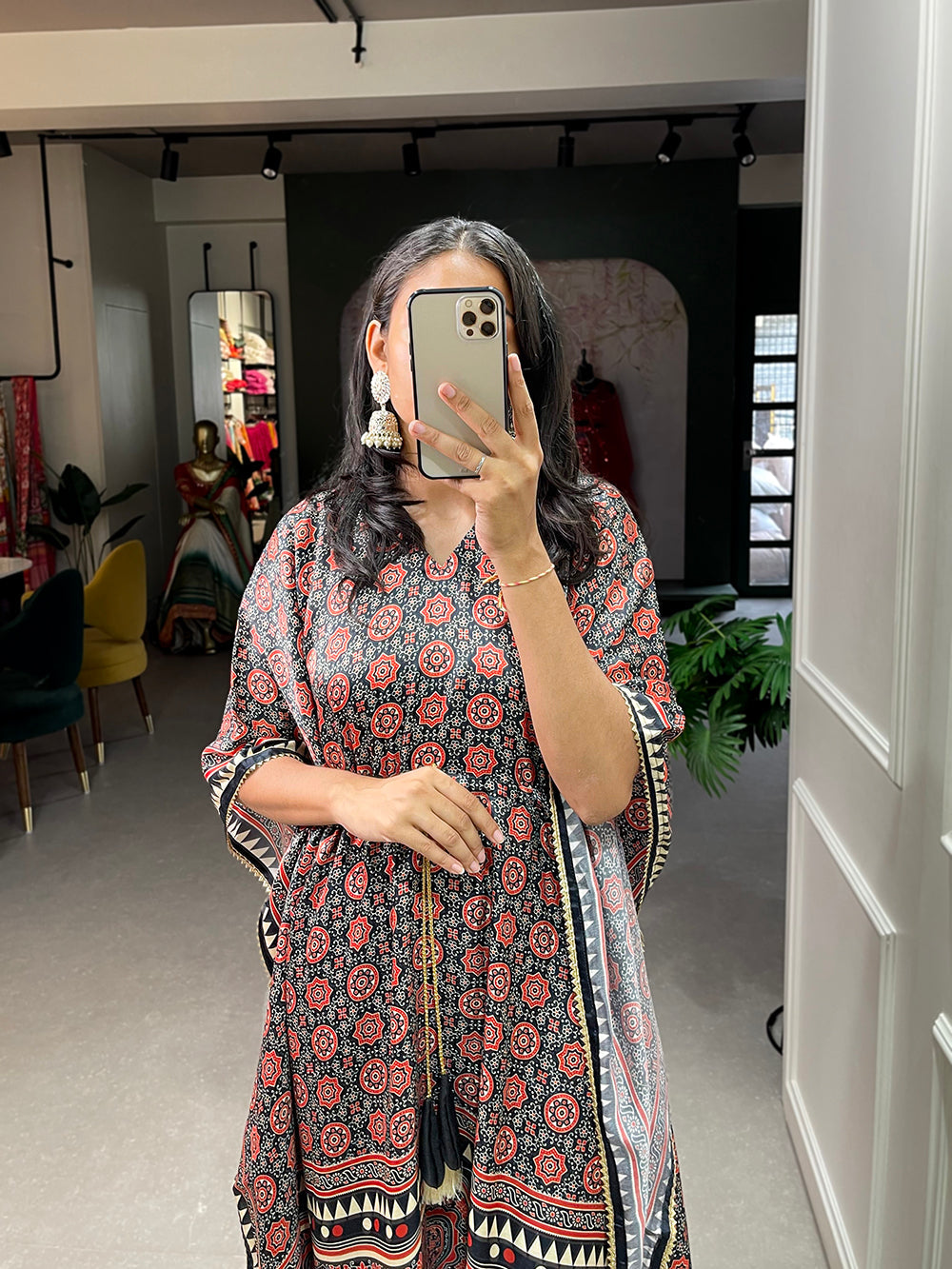 Multi Color Ajrakh Digital Printed Gaji Silk Kaftan ClothsVilla
