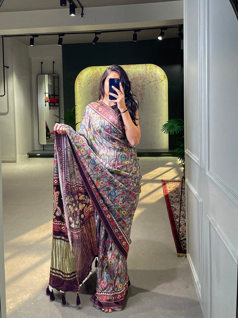 Grey Color Floral & Foil Work Gaji Silk Saree Clothsvilla Main image