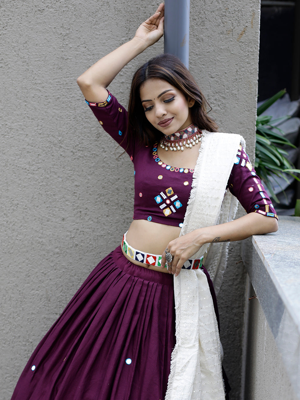 Wine Color Original Mirror Handwork Cotton Lehenga Choli Clothsvilla