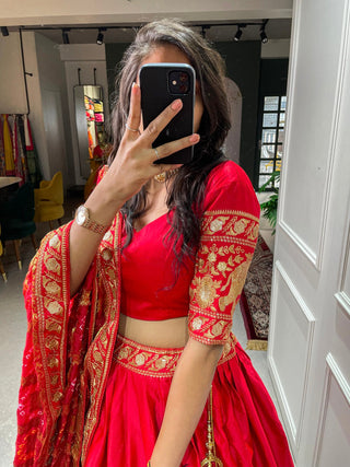 Red Color Sequins And Thread Embroidery Work Malai Satin Bridal Lehenga Choli Set Clothsvilla