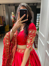 Load image into Gallery viewer, Red Color Sequins And Thread Embroidery Work Malai Satin Bridal Lehenga Choli Set Clothsvilla