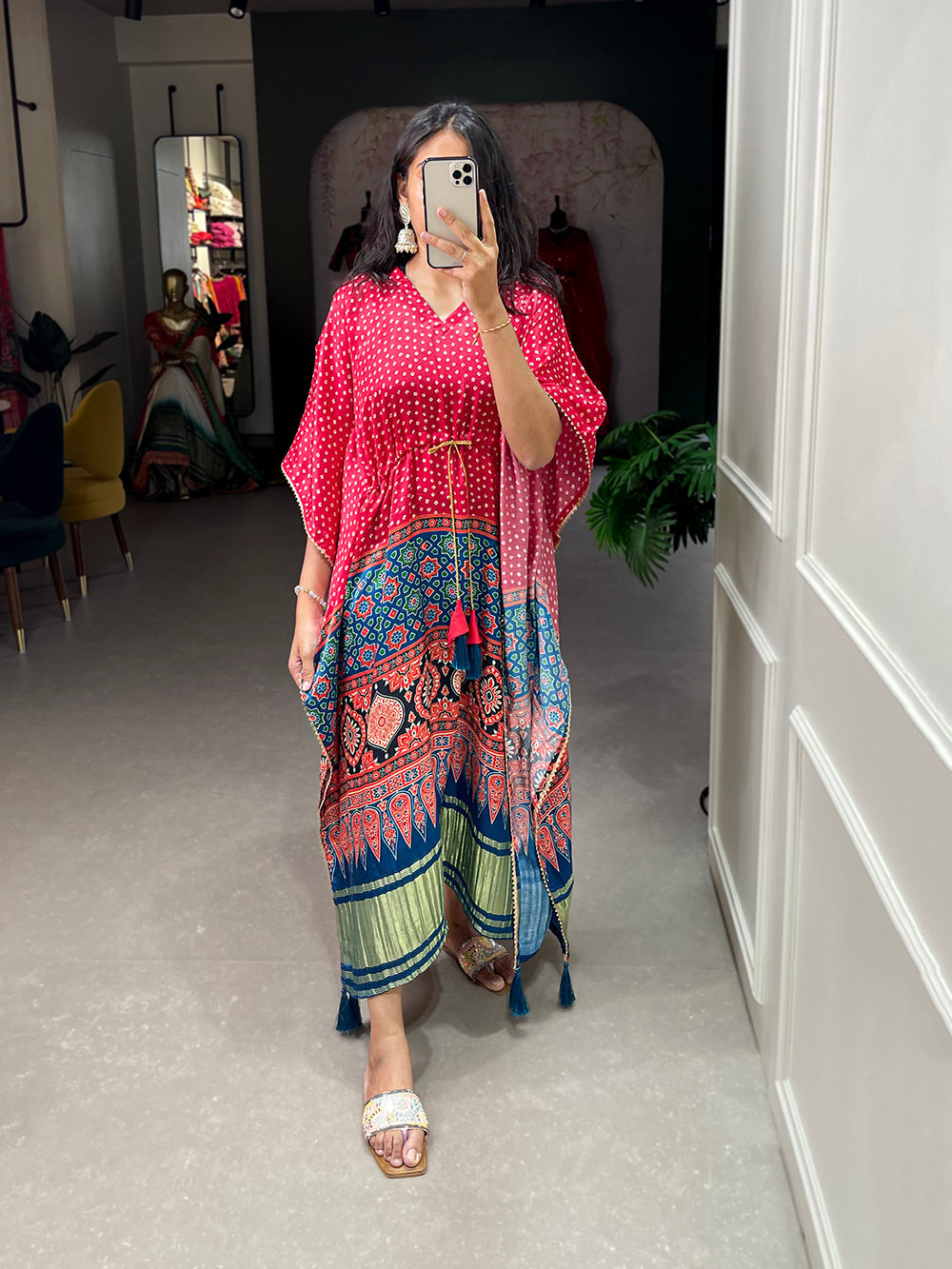 Red Color Ajrakh Printed Gaji Silk Kaftan ClothsVilla