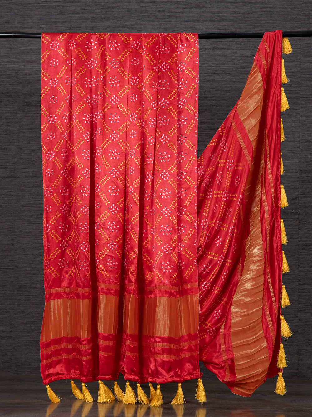 Red Color Pure Gaji Silk Bandhani Printed Dupatta With Tassels Clothsvilla Main image