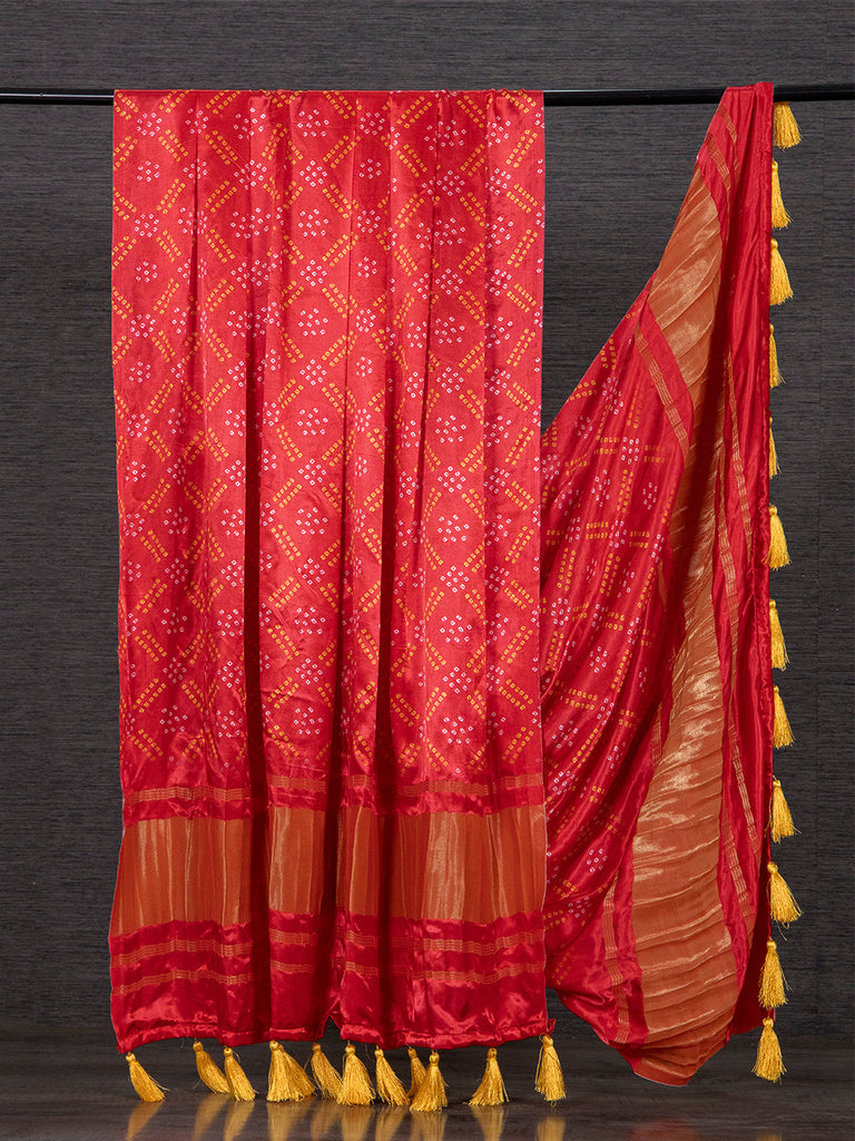 Red Color Pure Gaji Silk Bandhani Printed Dupatta With Tassels Clothsvilla