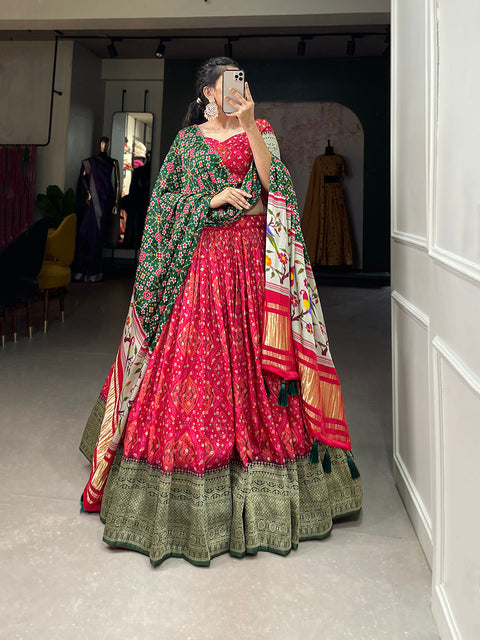 Red Color Printed With Zari Weaving Work Viscose Dola Silk Lehenga Choli Clothsvilla Main image