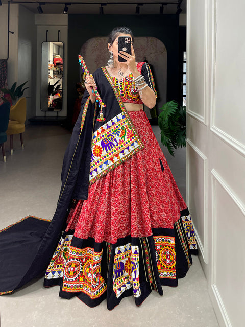 Red Color Printed And Gamthi Work With Mirror Work Cotton Chaniya Choli ClothsVilla.com Main image