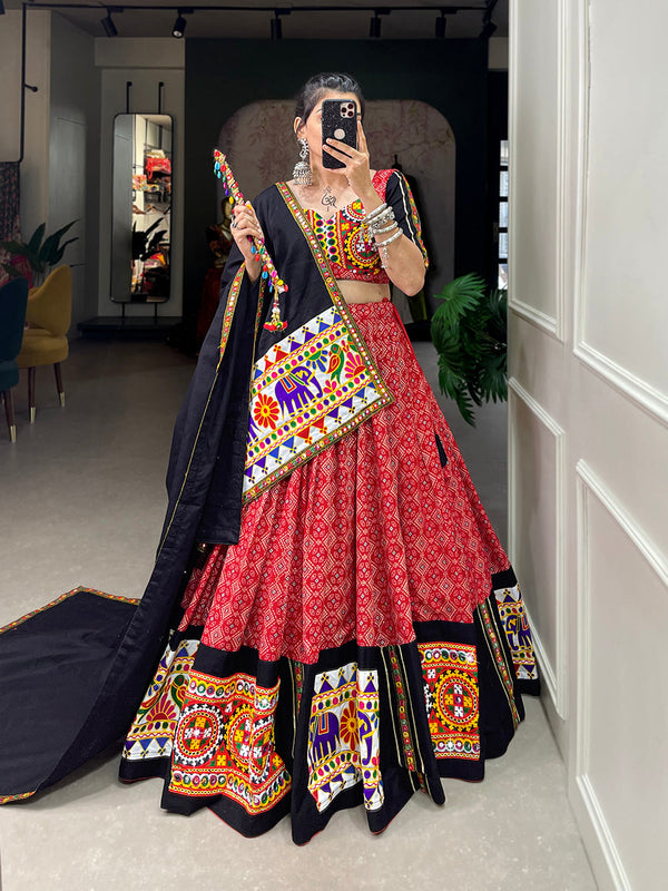 Red Color Printed And Gamthi Work With Mirror Work Cotton Chaniya Choli ClothsVilla.com