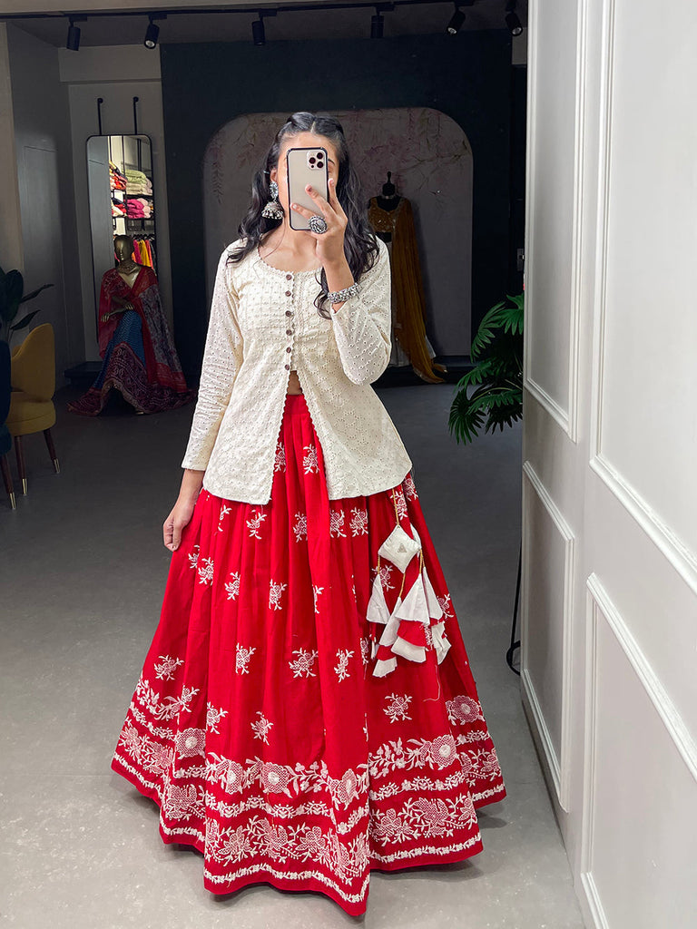 Red Color Sequins And Lucknowi Work Cotton Co-Ord Set Lehenga Choli ClothsVilla.com
