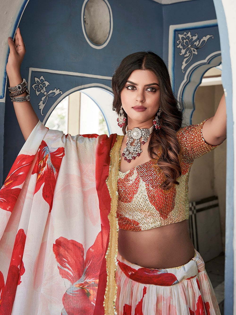 Red Color Digital Print With Sequins Embroidery Work Crushed Chinon Lehenga Choli ClothsVilla.com
