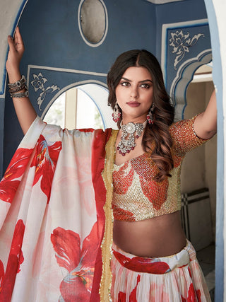Red Color Digital Print With Sequins Embroidery Work Crushed Chinon Lehenga Choli ClothsVilla.com