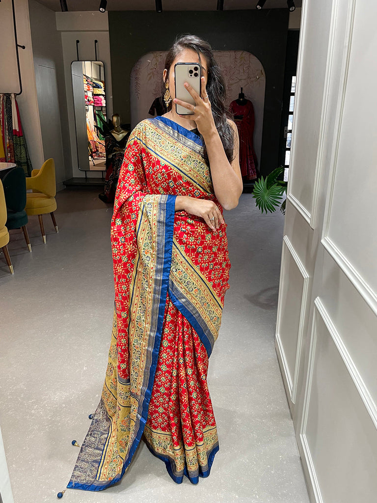 Red Color Foil Printed And Stone Work Dola Silk Saree Clothsvilla