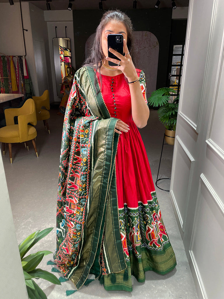 Red Color Patola And Foil Printed Dola Silk Gown Clothsvilla