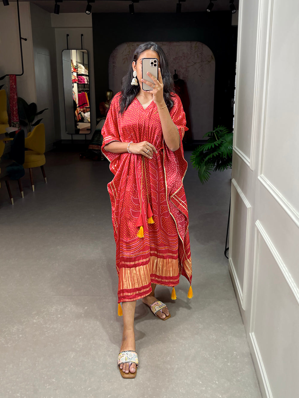 Red Color Digital Bandhej Printed Gaji Silk Kaftan ClothsVilla