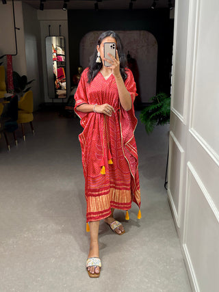 Red Color Digital Bandhej Printed Gaji Silk Kaftan ClothsVilla