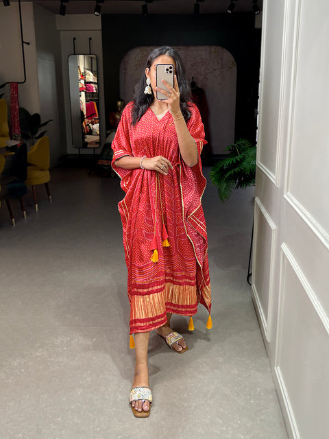 Red Color Digital Bandhej Printed Gaji Silk Kaftan ClothsVilla Main image