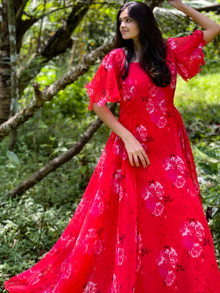 Red Color Digital Printed Georgette Gown Clothsvilla