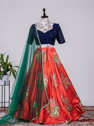 Red Color Printed Digital Satin Silk Lehenga Choli Clothsvilla
