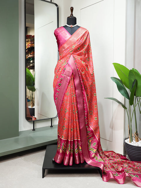 Red Color Digital Patola Printed Dola Silk Saree Clothsvilla Main image