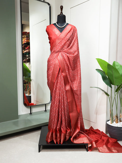 Red Color Printed With Zari Border Dola Silk Saree Clothsvilla Main image