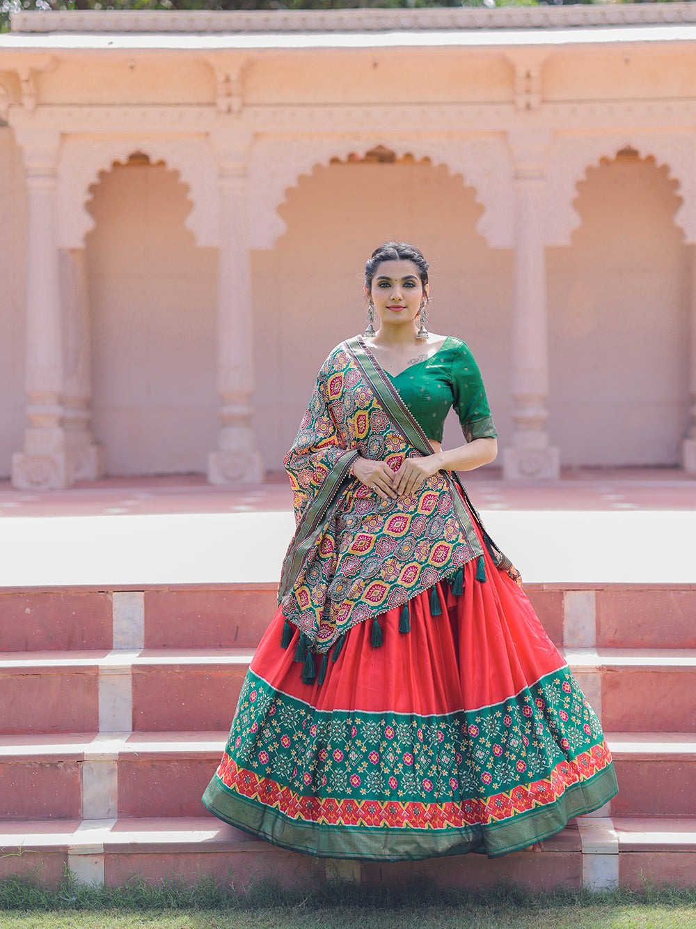 Red Color Printed With Foil Work Dola Silk Lehenga Choli Clothsvilla Main image