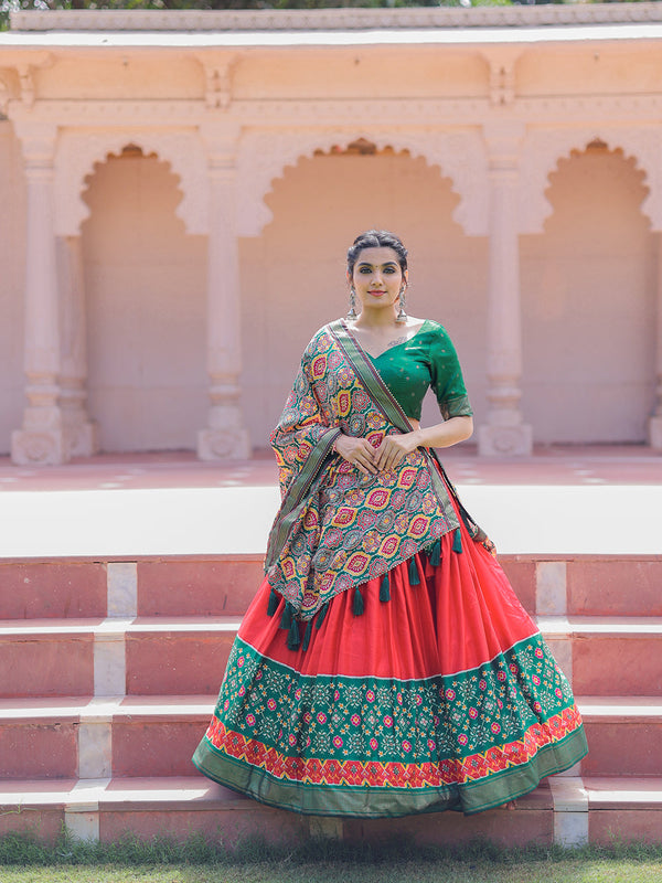 Red Color Printed With Foil Work Dola Silk Lehenga Choli Clothsvilla