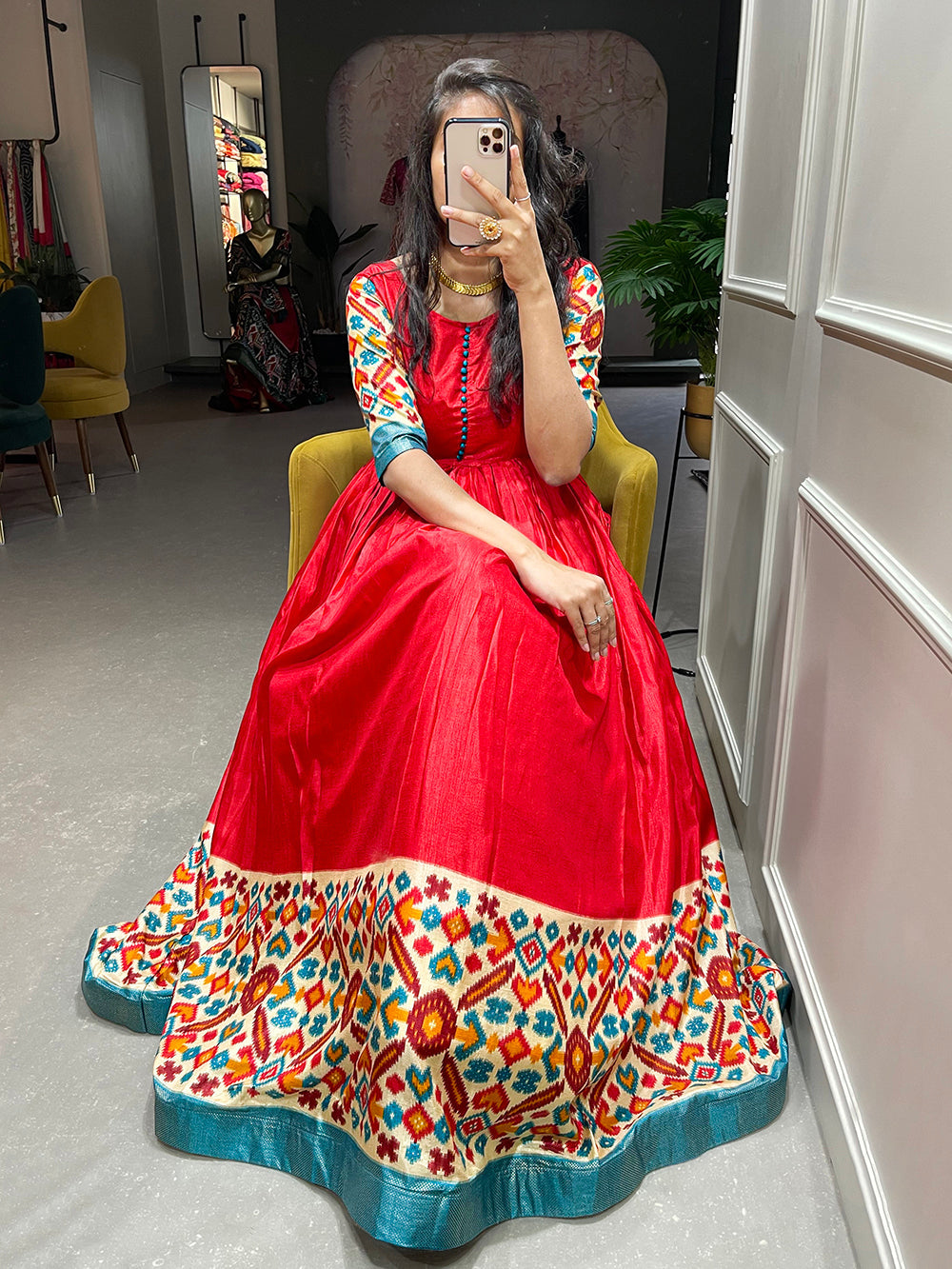 Red Color Foil Printed Dola Silk Gown Clothsvilla
