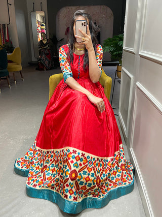 Red Color Foil Printed Dola Silk Gown Clothsvilla