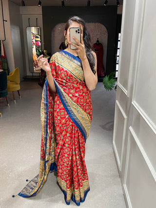 Red Color Foil Printed And Stone Work Dola Silk Saree Clothsvilla