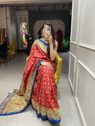 Red Color Foil Printed And Stone Work Dola Silk Saree Clothsvilla