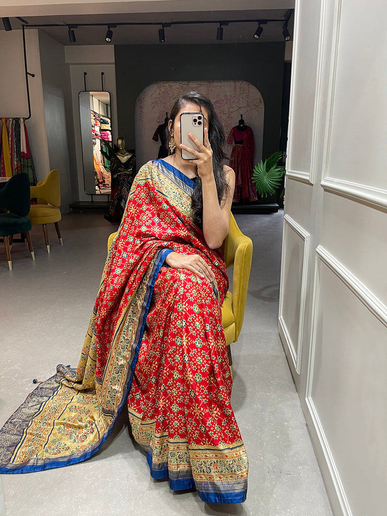 Red Color Foil Printed And Stone Work Dola Silk Saree Clothsvilla