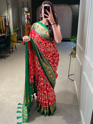 Red Color Patola Paithani Printed with Foil Work Dola Silk Saree Clothsvilla