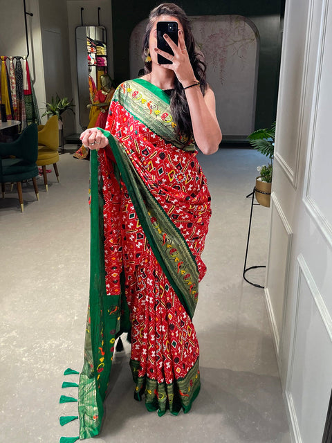 Red Color Patola Paithani Printed with Foil Work Dola Silk Saree Clothsvilla Main image