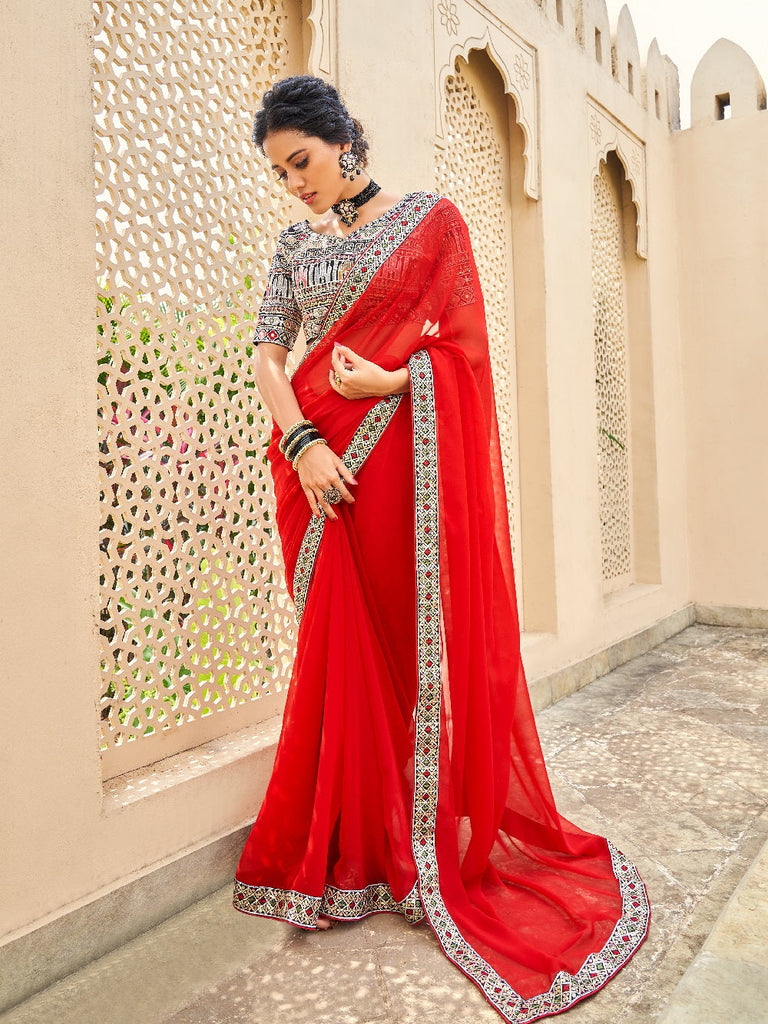 Red Color Thread And Sequins Embroidery Border Georgette Saree Clothsvilla